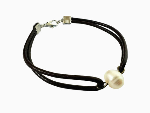 Leather Bracelet with Freshwater Pearl (Color Dark Brown)