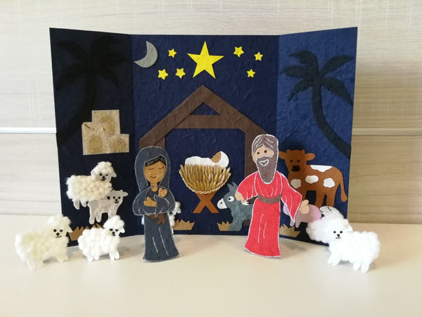 Christmas Nativity with Mary & Joseph and Three Little Lambs - Can be used as Christmas Decoration or Christmas Card (272)