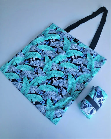 Tamar Shopping Bag (6502) Turqouise/Grey Leaf Pattern, foldable