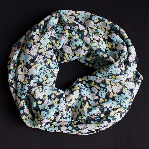 Beautiful Dark Blue Scarf with Turquoise and Yellow Flowers